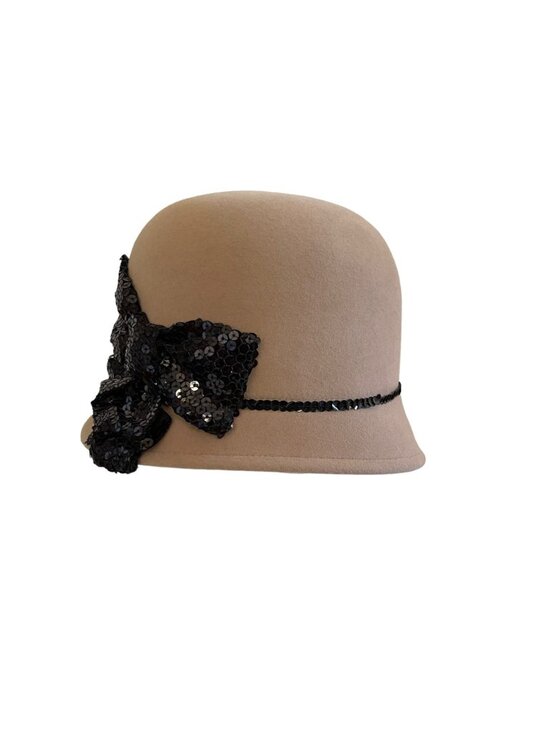 Louise Green Tan Wool Cloche Hat With Black Sequin Bow & Trim Deadstock main image 4